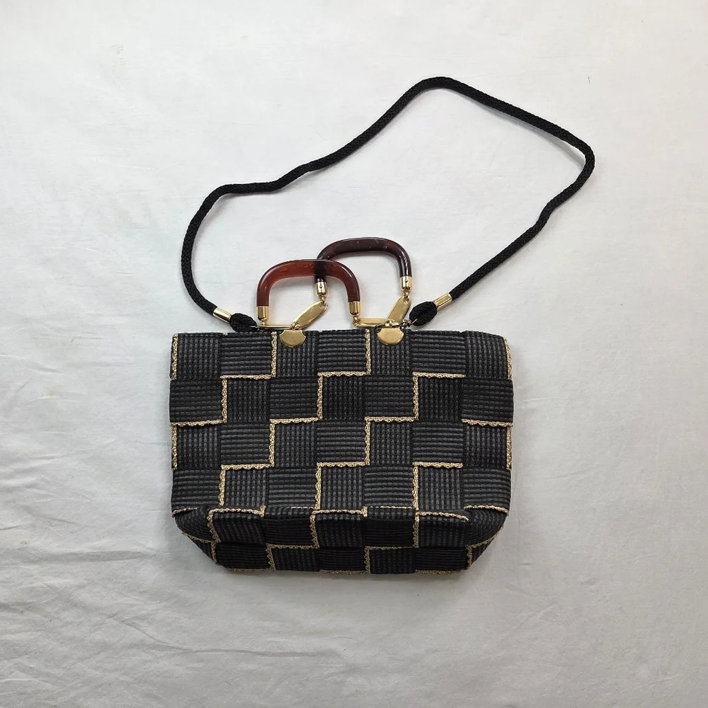 Bartucci Made in Italy Woven‎ Black Gold Tote Bag Rope Strap Top Handle